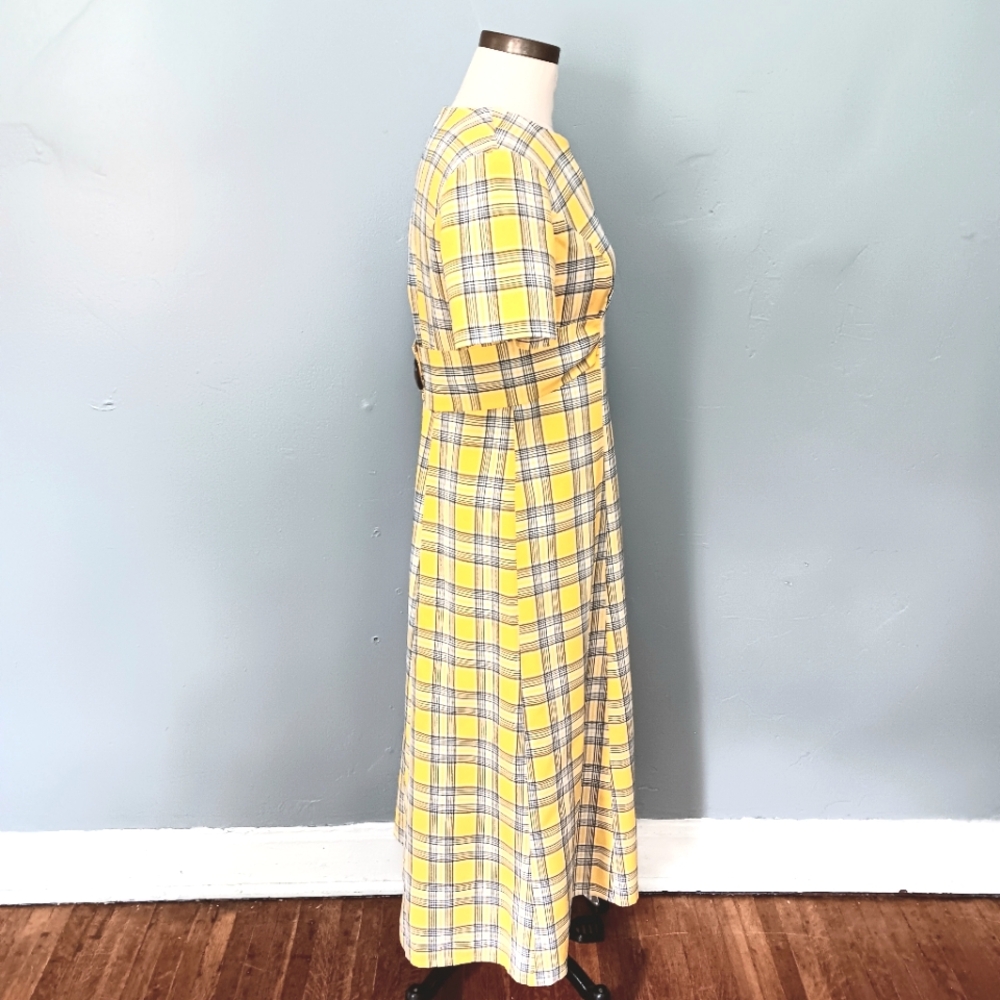 Vintage Handmade yellow plaid tie-back, zip maxi dress. Medium. - Picture 3 of 14